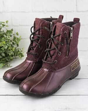 Sperry Waterproof Duck Boots Burgundy Plum Women’s 8 Men’s 6 Lace Up Zip